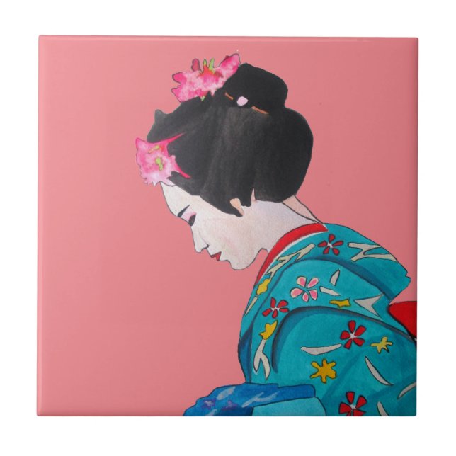 Japanische niedliche Geisha mit rosa Kirschblüte Fliese (Vorderseite)