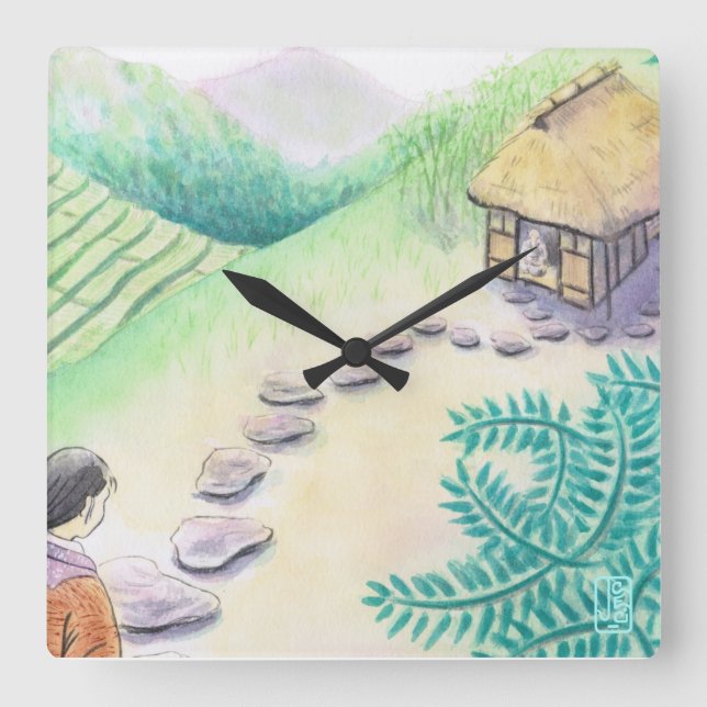Japanische Nostalgische Zuhause "Furusato" Quadratische Wanduhr (Vorderseite)