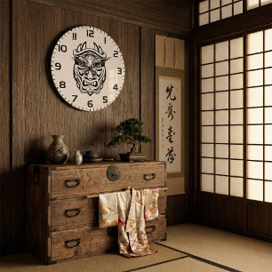 Japanische Oni-Maske Tribal-Dämon Line Art Große Wanduhr
