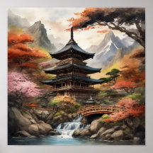 Japanische Pagode Nähe Wasserfall