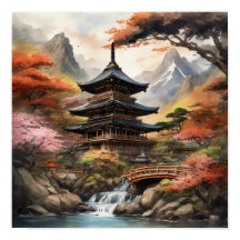 Japanische Pagode Nähe Wasserfall