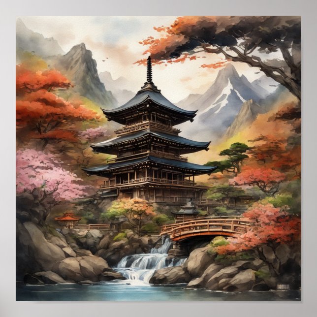 Japanische Pagode Nähe Wasserfall Poster (Vorne)