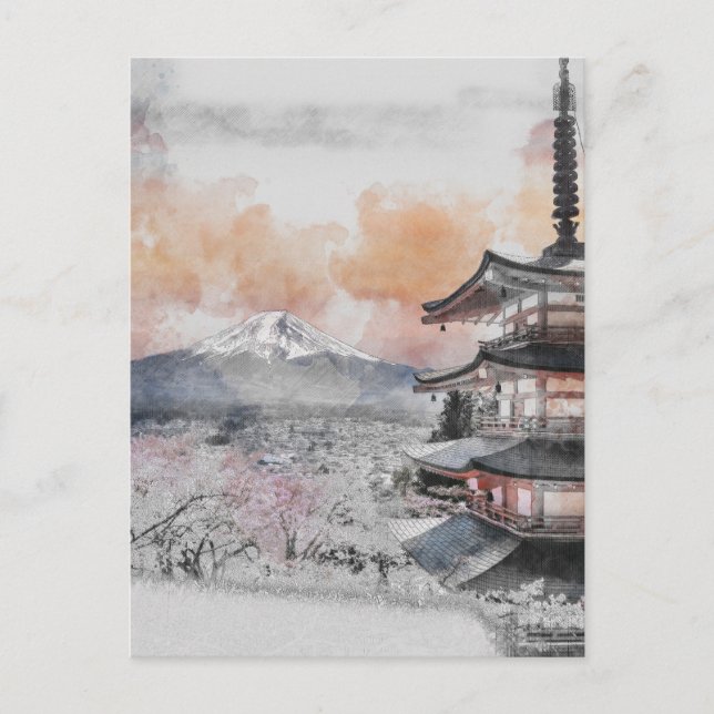Japanische Pagode und Fuji Postkarte (Vorderseite)
