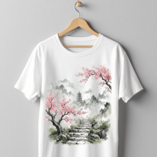 Japanische Pagode und Kirschblüten Aquarell Kunst T-Shirt