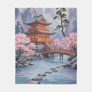 Japanische Pagoden-Kirschblüten-Landschaftskunst Fleecedecke