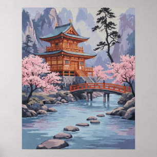 Japanische Pagoden-Kirschblüten-Landschaftskunst Poster