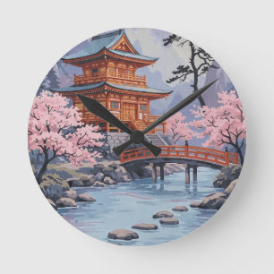 Japanische Pagoden-Kirschblüten-Landschaftskunst Runde Wanduhr
