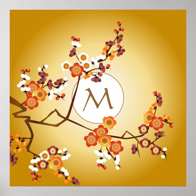 Japanische Pflaumenblüten Moon Gold Orange Red Bra Poster (Vorne)