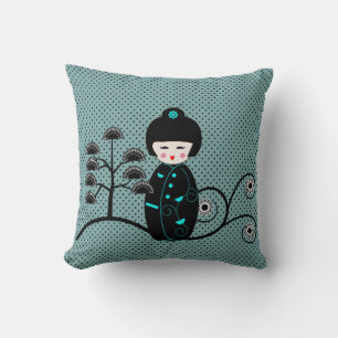 Japanische Puppe Black und Blue Polka Dot Kissen