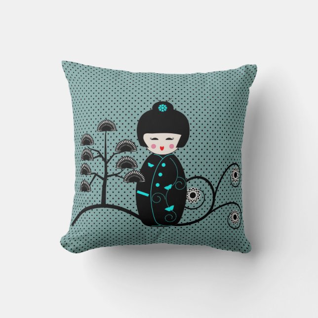 Japanische Puppe Black und Blue Polka Dot Kissen (Vorderseite)