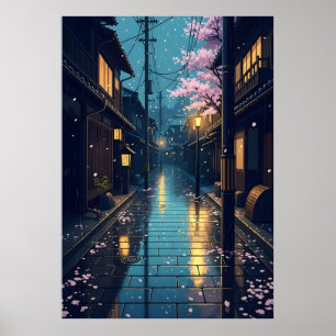 Japanische Regenstimmung Kirschblütenstraße Anime Poster