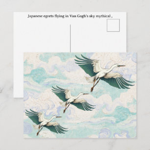 Japanische Reiher fliegen in Van Goghs Himmel Postkarte