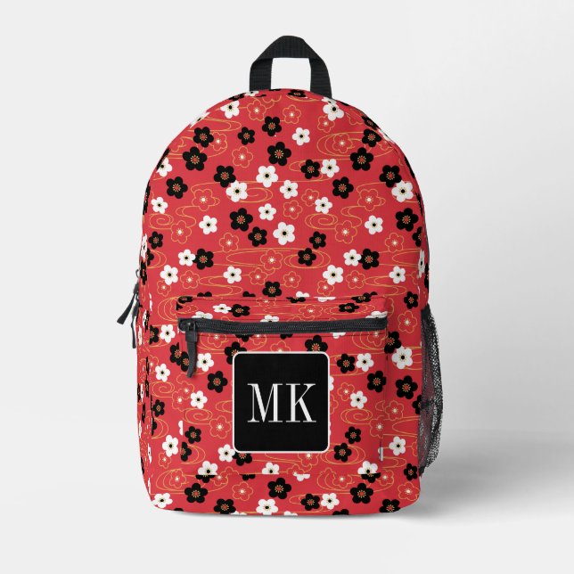 Japanische Rote Sakura-Blossom-Monogramm-Initialen Bedruckter Rucksack (Vorderseite)