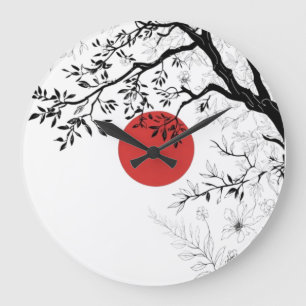 Japanische rote Sonne & Pinselbaum-Kunst Große Wanduhr