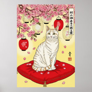 Japanische Sakura-Katzen-Kunst rote Kissenlaternen Poster
