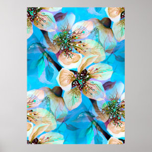 Japanische Sakura Kirschbaum Blume in Aqua Blue Poster