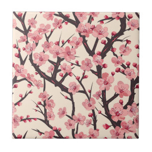 Japanische Sakura Rosa Blüte Dunkler Zweig Creme Fliese