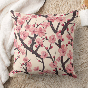 Japanische Sakura Rosa Blüte Dunkler Zweig Creme Kissen