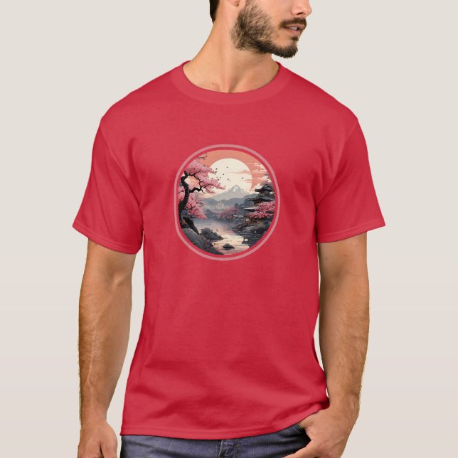 Japanische Sakura Szenerie Ukiyo-e Style T-Shirt (Vorderseite)