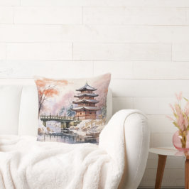 Japanische Sakura Tree Pagode und Bridge Pink Gray Kissen