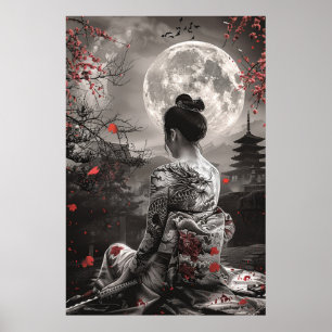 Japanische Samurai-Frau mit Tattoo unter dem Vollm Poster