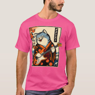 Japanische Samurai-Katze, die die elektrische Gita T-Shirt