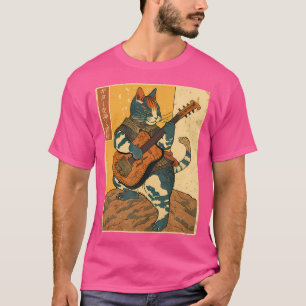 Japanische Samurai-Katze, die die elektrische Gita T-Shirt