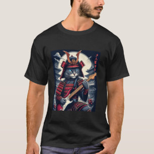 Japanische Samurai-Katze spielt elektrische Gitarr T-Shirt