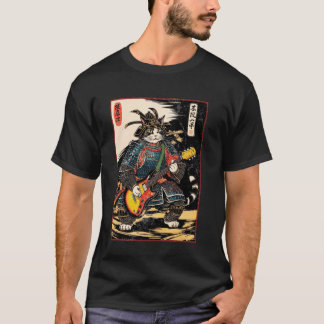 Japanische Samurai-Katze spielt elektrische Gitarr T-Shirt