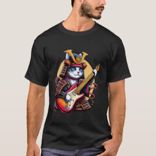 Japanische Samurai-Katze spielt elektrische Gitarr T-Shirt