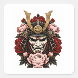 Japanische Samurai-Krieger-Rosen-Tattoo-Kunst Quadratischer Aufkleber