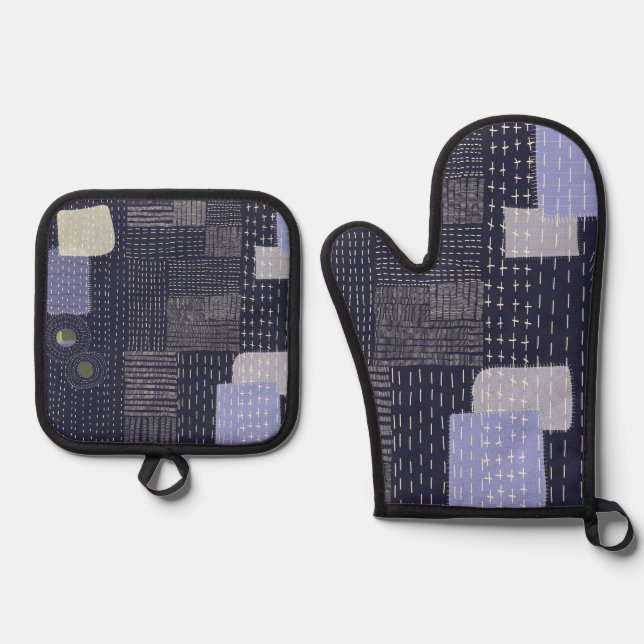 Japanische Sashiko-Stiche ähneln dem Muster Ofenhandschuh & Topflappen-Set (Vorderseite)