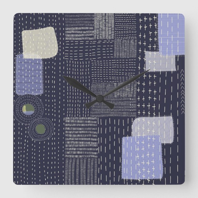Japanische Sashiko-Stiche ähneln dem Muster Quadratische Wanduhr (Vorderseite)