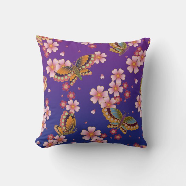 Japanische Schmetterlinge Amid Sakura Blüten Lila Kissen (Vorderseite)