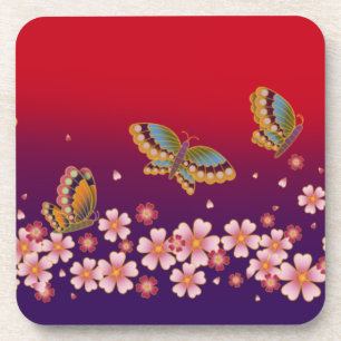 Japanische Schmetterlinge Amid Sakura Blüten Rot Getränkeuntersetzer