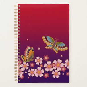 Japanische Schmetterlinge Amid Sakura Blüten Rot Planer
