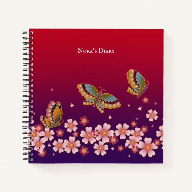 Japanische Schmetterlinge Sakura Blüten Personalis Notizbuch (Vorderseite)
