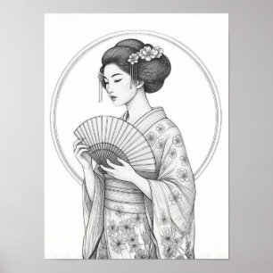 Japanische Schönheit mit Faltfächer Poster