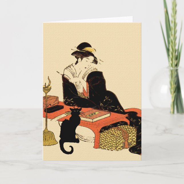 Japanische Schwarze Katze Lady, Text hinzufügen, K Karte (Vorderseite)
