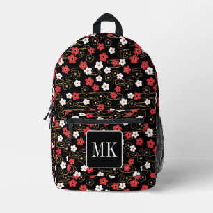 Japanische Schwarze Sakura-Blossom-Monogramm-Initi Bedruckter Rucksack