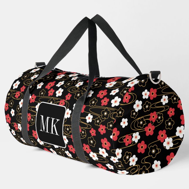 Japanische Schwarze Sakura-Blossom-Monogramm-Initi Duffle Bag (Linke Ecke)