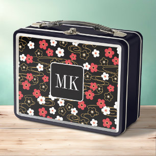 Japanische Schwarze Sakura-Blossom-Monogramm-Initi Metall Brotdose