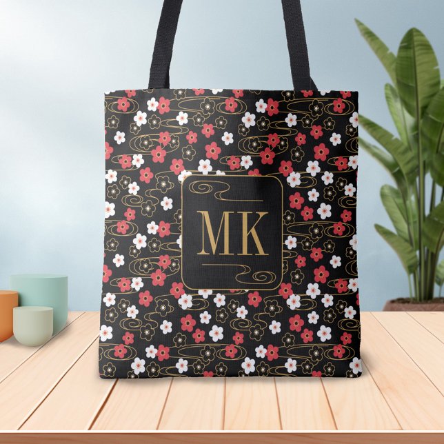 Japanische Schwarze Sakura-Blossom-Monogramm-Initi Tasche (Von Creator hochgeladen)