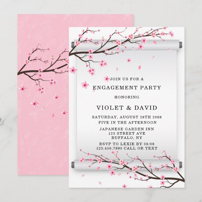 Japanische Scroll Cherry Blossom Engagement Party Einladung (Vorne/Hinten)