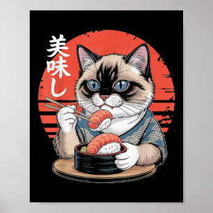 Japanische Siamkatze isst Sushi Kawaii Anime-Katze Poster