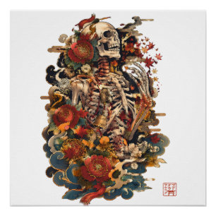 Japanische Skelett-Kunst Gotische florale Schäde Poster