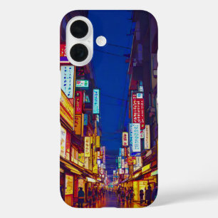 Japanische Stadtstraße bei Nacht iPhone 16 Hülle