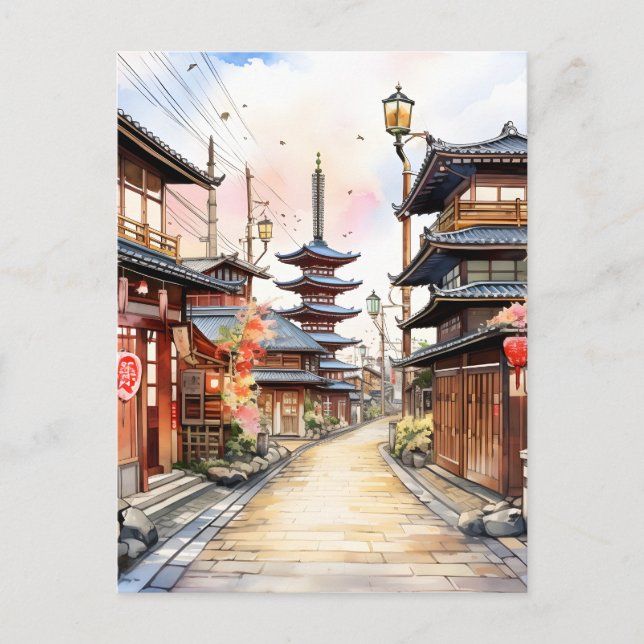 Japanische Straße gemütliche Quelle Aquarell Postkarte (Vorderseite)