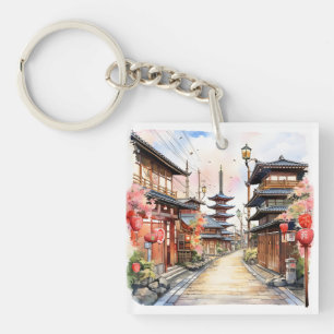 Japanische Straße gemütliche Quelle Aquarell Schlüsselanhänger
