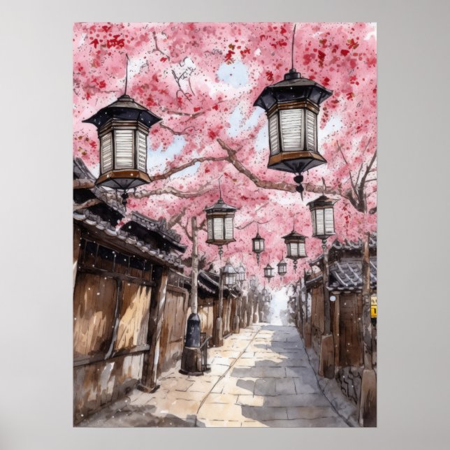 Japanische Straße mit Cherry Blossom Trees Poster (Vorne)
